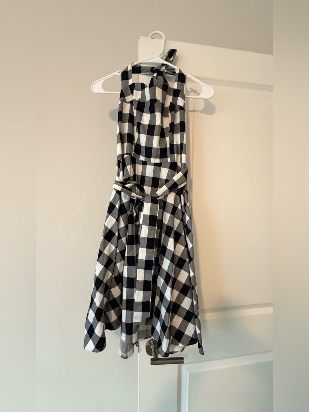 Black and White Gingham Halter Midi Dress with Waist Tie